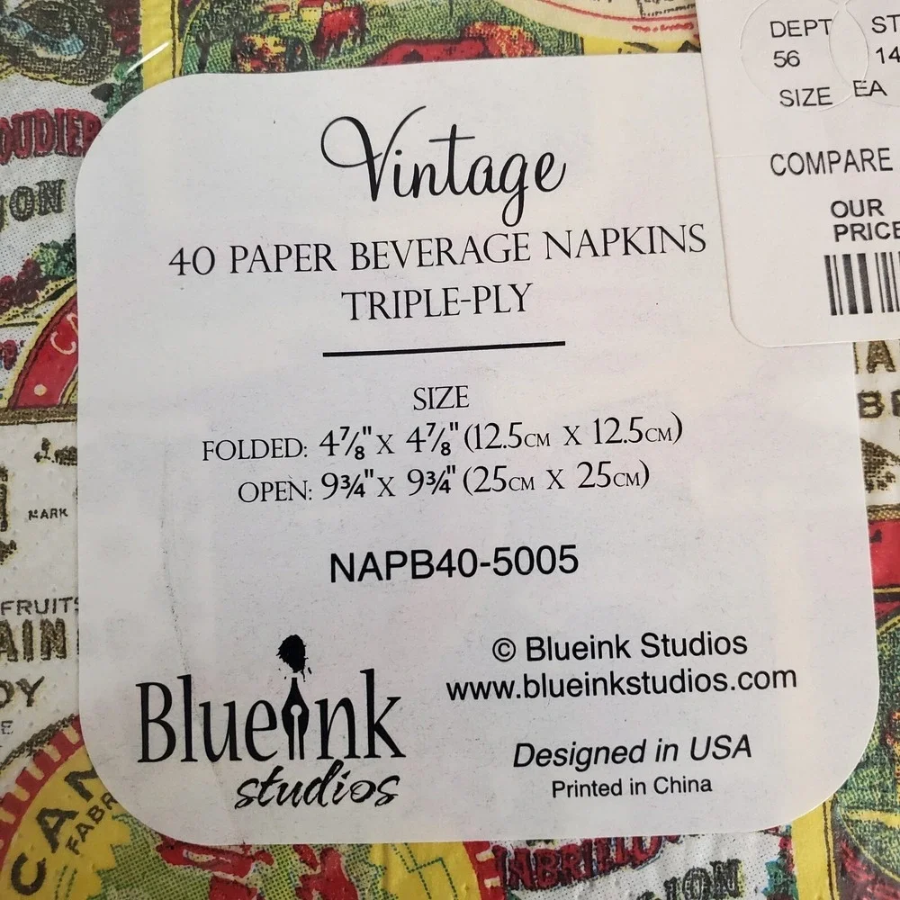 Blue Ink‎ Studios Vintage Inspired Cheese & Beverage Themed Paper Napkins 40 ct